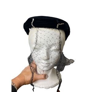 Vintage black velvet hat with rhinestones and veil